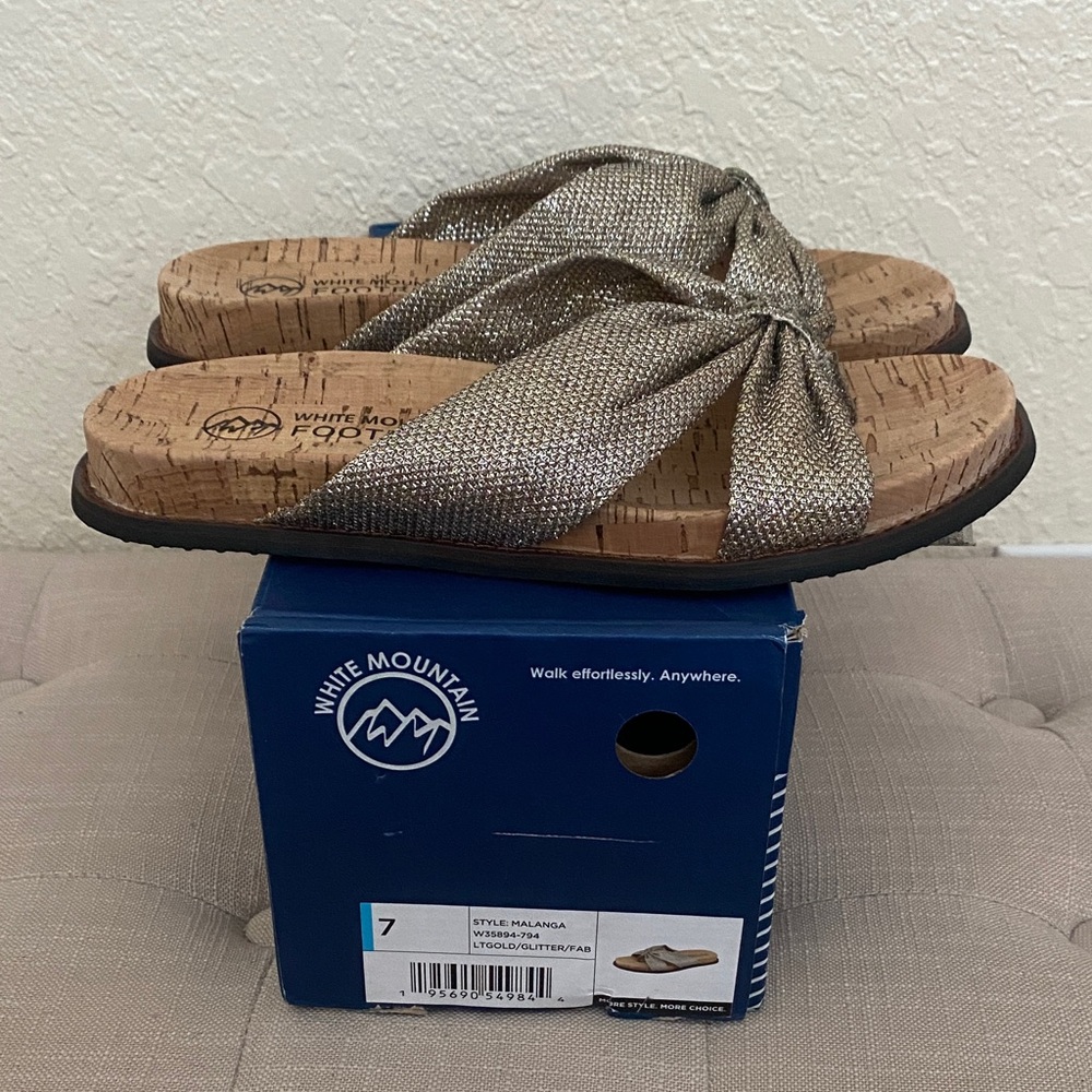 White Mountain Malanga Light Gold Glitter Cork Bow Sandals